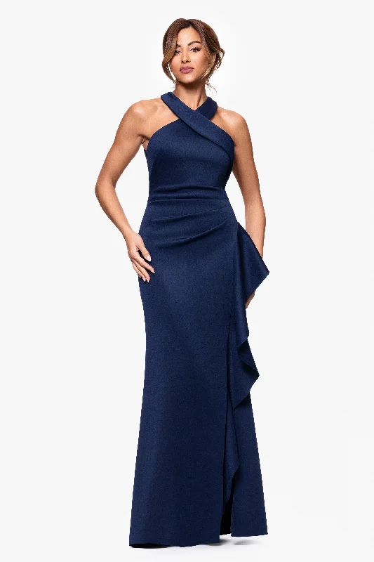 Cocktail dresses with a wrap - around style and a belted waist"Gigi" Scuba Cross Neck Ruffle Floor Length Dress Cocktail dresses with a wrap - around style and a belted waist"Gigi" Scuba Cross Neck Ruffle Floor Length Dress