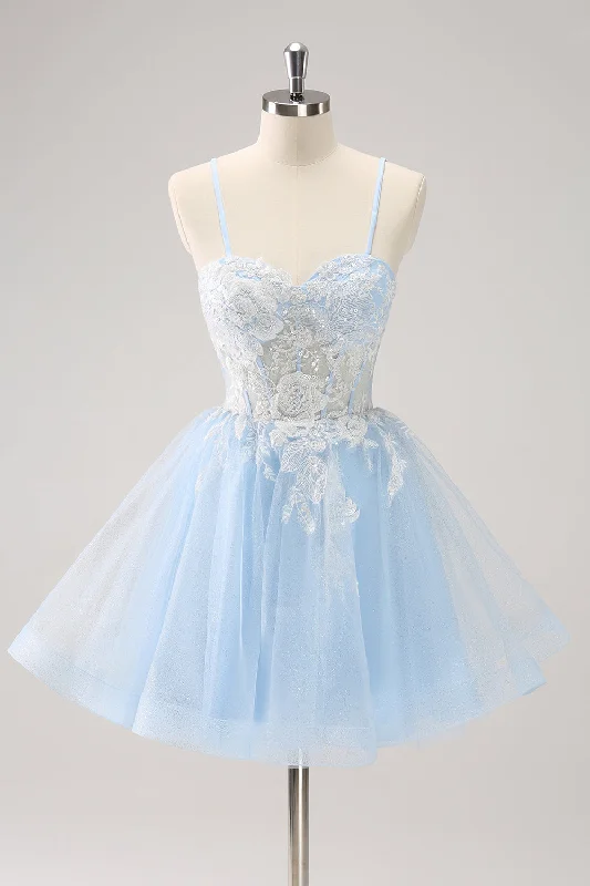 Bow - backed cocktail dresses with a fit - and - flare silhouetteBlue A Line Spaghetti Straps Short Homecoming Dress with Appliques Bow - backed cocktail dresses with a fit - and - flare silhouetteBlue A Line Spaghetti Straps Short Homecoming Dress with Appliques