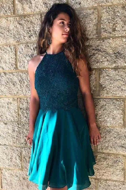 A-Line Jewel Turquoise Chiffon Homecoming Dress with Lace Beading  PD226