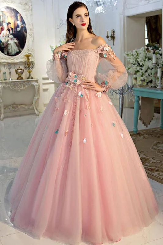 A-line Pink Off The Shoulder Long Prom Dress Sweet Evening Dress PSK286