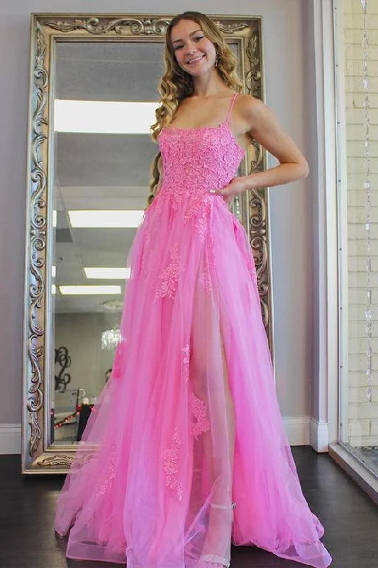 A Line Scoop Neck Hot Pink Tulle Prom Evening Dresses with Split PSK273