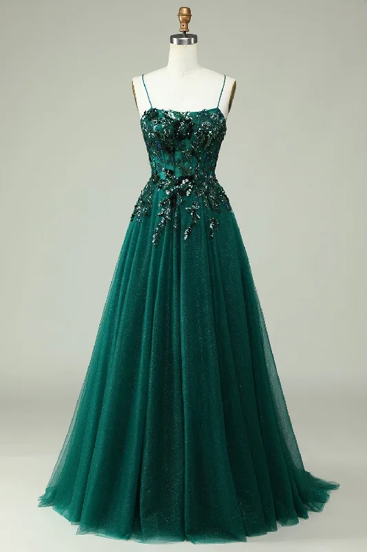 Bow - backed cocktail dresses with a fit - and - flare silhouetteA Line Spaghetti Straps Dark Green Corset Prom Dress with Appliques Bow - backed cocktail dresses with a fit - and - flare silhouetteA Line Spaghetti Straps Dark Green Corset Prom Dress with Appliques