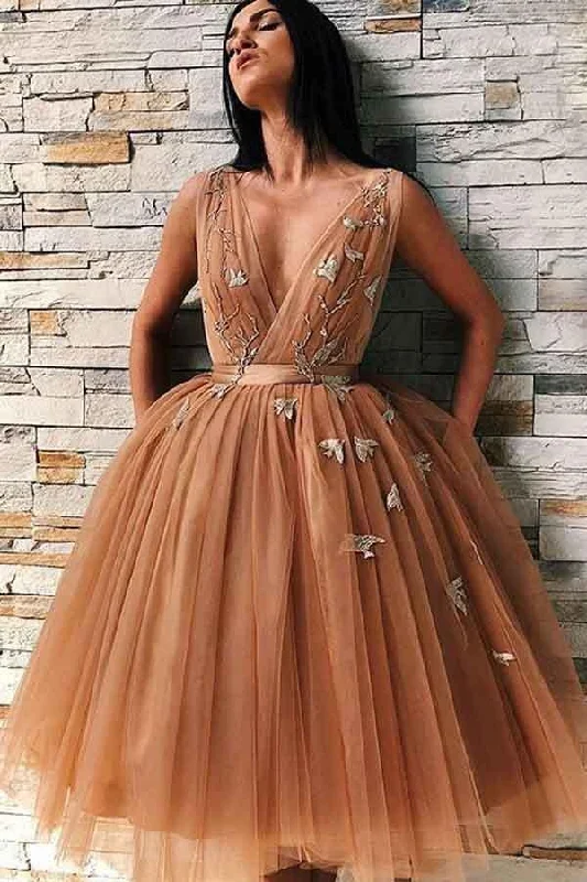 A-Line V-Neck Backless Gold Tulle Homecoming Dress with Appliques  PD227