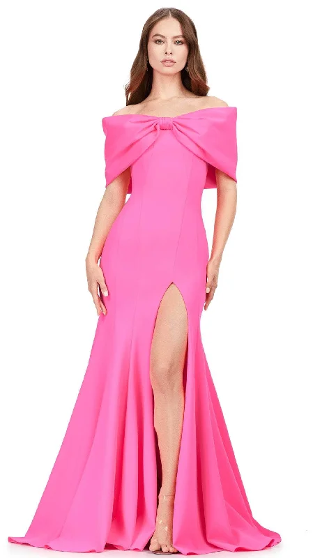 Wedding guest dresses with button - down fronts and A - line silhouettesAshley Lauren 11412 - Bow Designed Off-Shoulder Prom Gown Wedding guest dresses with button - down fronts and A - line silhouettesAshley Lauren 11412 - Bow Designed Off-Shoulder Prom Gown