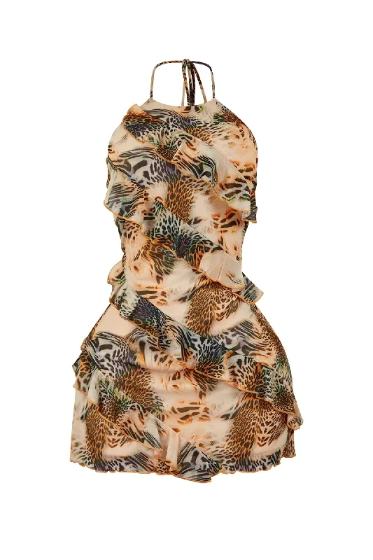 Mini cocktail dresses with a ruffled hem and a solid colorBreathless Mesh Print Ruffle Mini Dress Mini cocktail dresses with a ruffled hem and a solid colorBreathless Mesh Print Ruffle Mini Dress