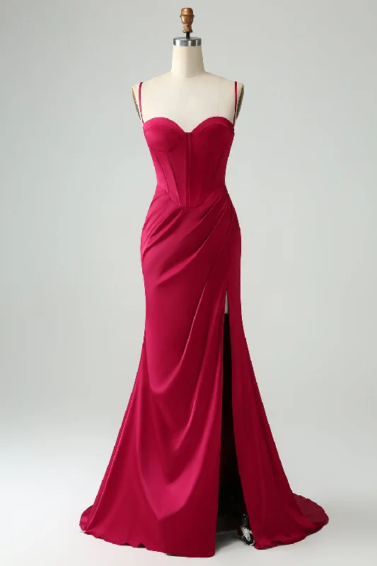 Cocktail dresses with a ruched bodice and spaghetti strapsBurgundy Mermaid Spaghetti Straps Long Corset Prom Dress with Slit Cocktail dresses with a ruched bodice and spaghetti strapsBurgundy Mermaid Spaghetti Straps Long Corset Prom Dress with Slit