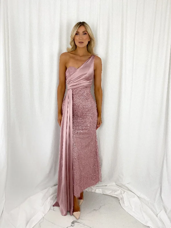 Celeste One Shoulder Glitter Dress - Old Rose