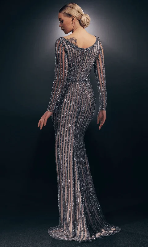 Sleeveless wedding guest dresses with pleated bodicesChic and Holland HF110096 - Stripe Beaded Evening Gown
