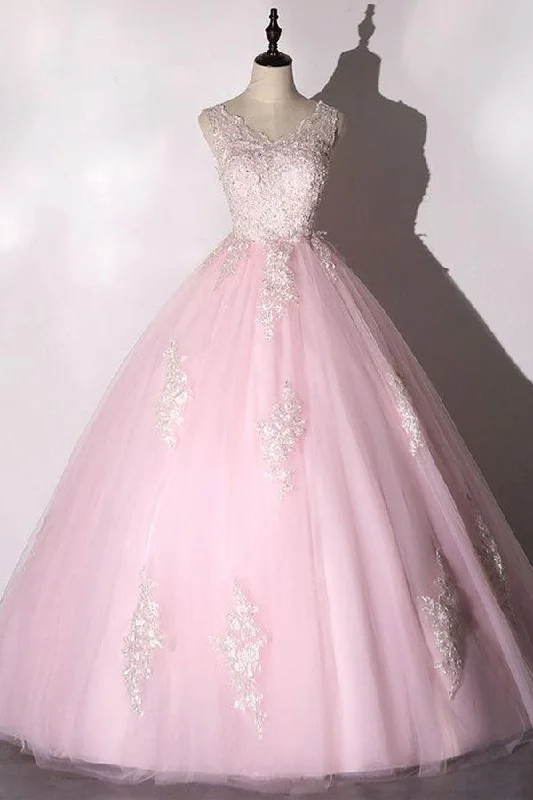 Chic Ball Gown Pink Prom Dress Tulle Applique Evening Dress PSK266