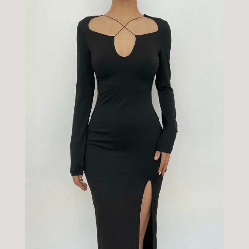 Cocktail dresses with a wrap - front style and a long - length optionBerryBetty - Cross front long sleeve slit notch neck solid midi dress Cocktail dresses with a wrap - front style and a long - length optionBerryBetty - Cross front long sleeve slit notch neck solid midi dress