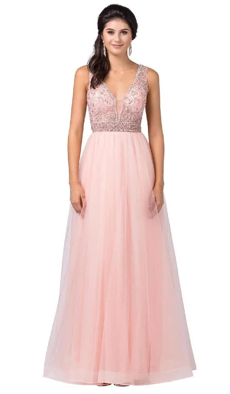 Wedding guest dresses with belted waists and knee - length skirtsDancing Queen - 2520 Embellished Deep V-neck A-line Gown Wedding guest dresses with belted waists and knee - length skirtsDancing Queen - 2520 Embellished Deep V-neck A-line Gown