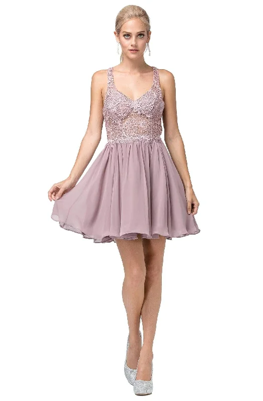 Mini cocktail dresses with a denim fabric for a casual - chic lookDancing Queen - 3044 Lace Embroidered V-neck A-line Dress