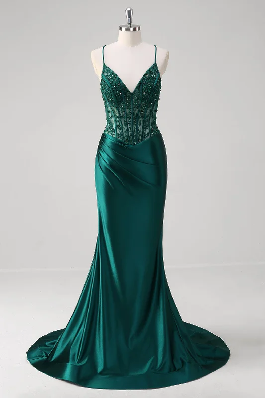 Sleeveless cocktail dresses in a silk - blend fabric for a luxurious feelDark Green Mermaid Pleated Sequin Corset Long Prom Dress With Lace Up Back Sleeveless cocktail dresses in a silk - blend fabric for a luxurious feelDark Green Mermaid Pleated Sequin Corset Long Prom Dress With Lace Up Back