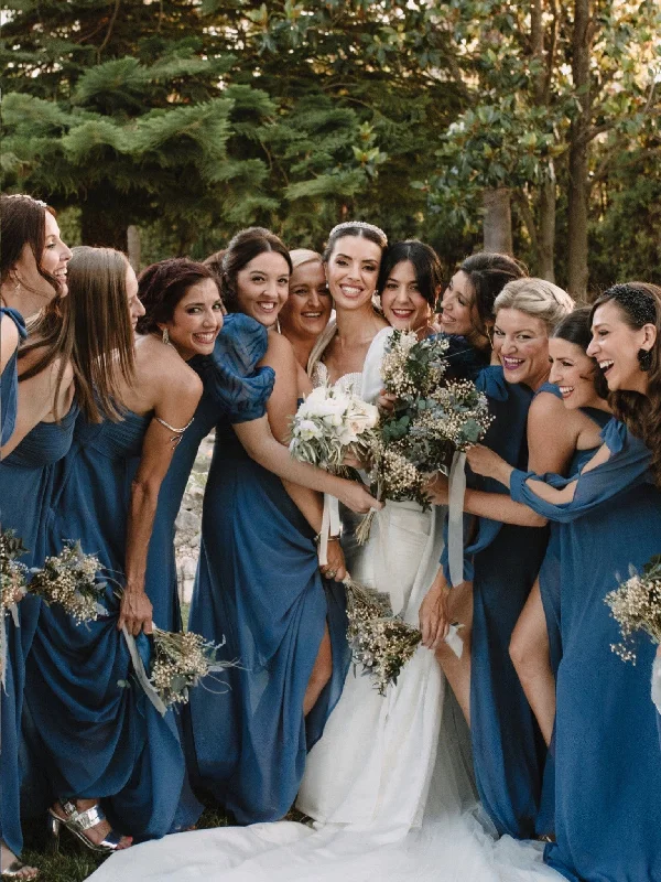 A - line cocktail wedding guest dresses in pastel colorsDusty Blue and Navy Bridesmaid Gowns A - line cocktail wedding guest dresses in pastel colorsDusty Blue and Navy Bridesmaid Gowns