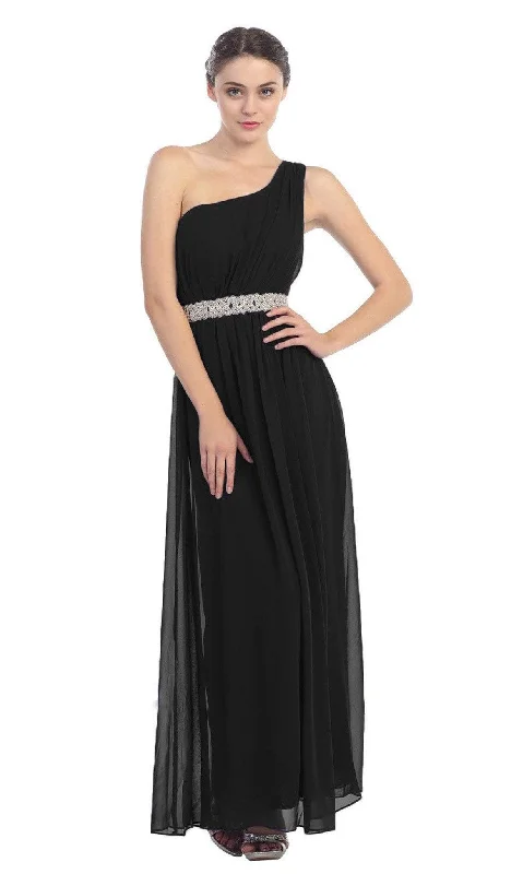 Wedding guest dresses with ruched bodices and spaghetti strapsEureka Fashion - 1924 Asymmetrical Neck Flowing Chiffon Gown