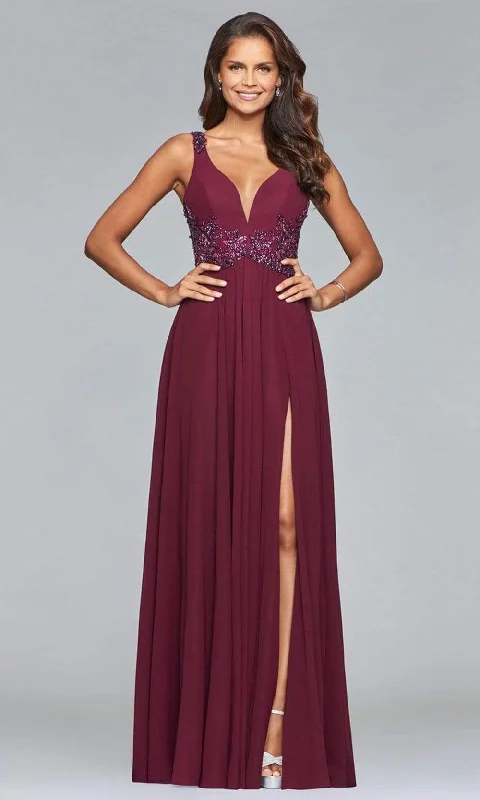 Wedding guest dresses with cold - shoulder ruffled sleeves and knee - length hemsFaviana - 10102 Beaded Plunging V Neck Chiffon Dress Wedding guest dresses with cold - shoulder ruffled sleeves and knee - length hemsFaviana - 10102 Beaded Plunging V Neck Chiffon Dress