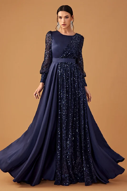 Cocktail dresses with a keyhole back and a midi - lengthGlitter Sequins Navy A Line Long Prom Dress with Long Sleeves Cocktail dresses with a keyhole back and a midi - lengthGlitter Sequins Navy A Line Long Prom Dress with Long Sleeves