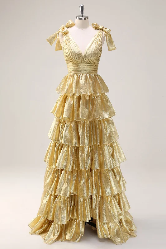 Cocktail dresses with a keyhole back and a midi - lengthGolden A-Line V-Neck Pleated Tiered Backless Long Prom Dress With Slit Cocktail dresses with a keyhole back and a midi - lengthGolden A-Line V-Neck Pleated Tiered Backless Long Prom Dress With Slit