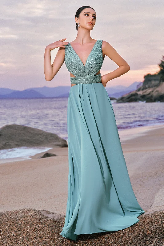 Grey Green A-Line Sequins Chiffon Bridesmaid Dress