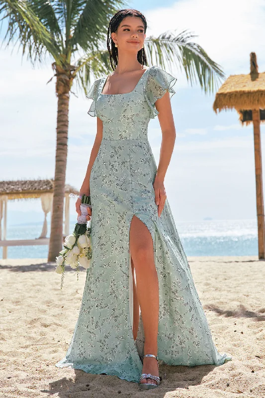 Grey Green Printed Floral Bridesmaid Dress with Slit