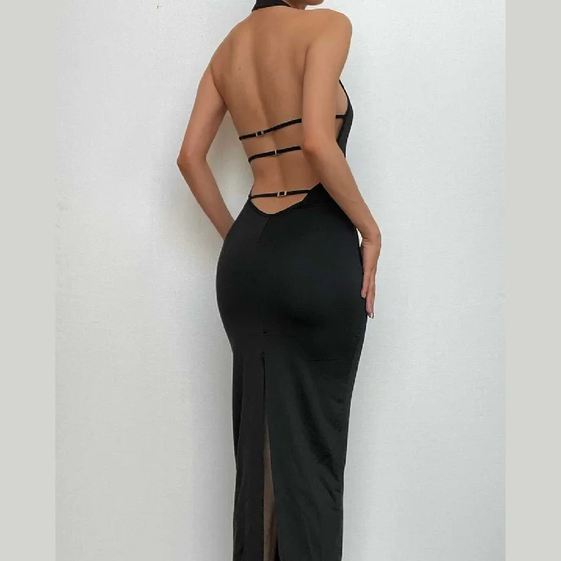 BerryBetty - Halter backless slit solid sleeveless hollow out maxi dress