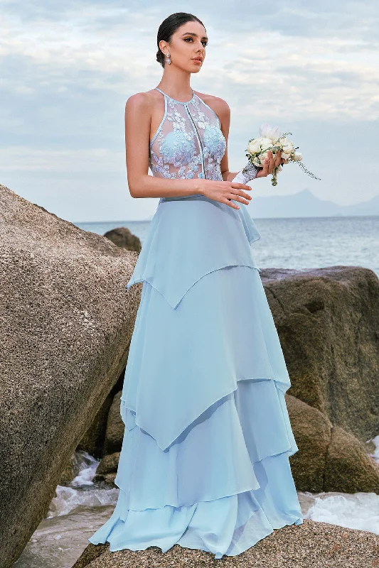 Halter Blue Floral A Line Bridesmaid Dress with Lace Up Back