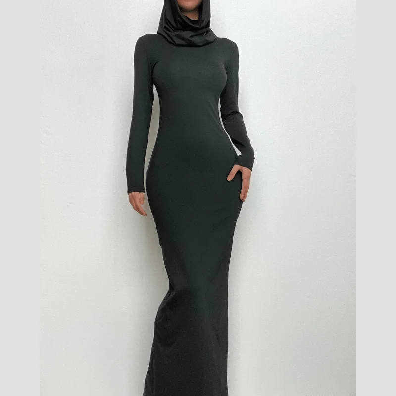 Cocktail dresses with a metallic - embroidered pattern and a midi - hemBerryBetty - Hoodie solid long sleeve cowl neck slit maxi dress Cocktail dresses with a metallic - embroidered pattern and a midi - hemBerryBetty - Hoodie solid long sleeve cowl neck slit maxi dress