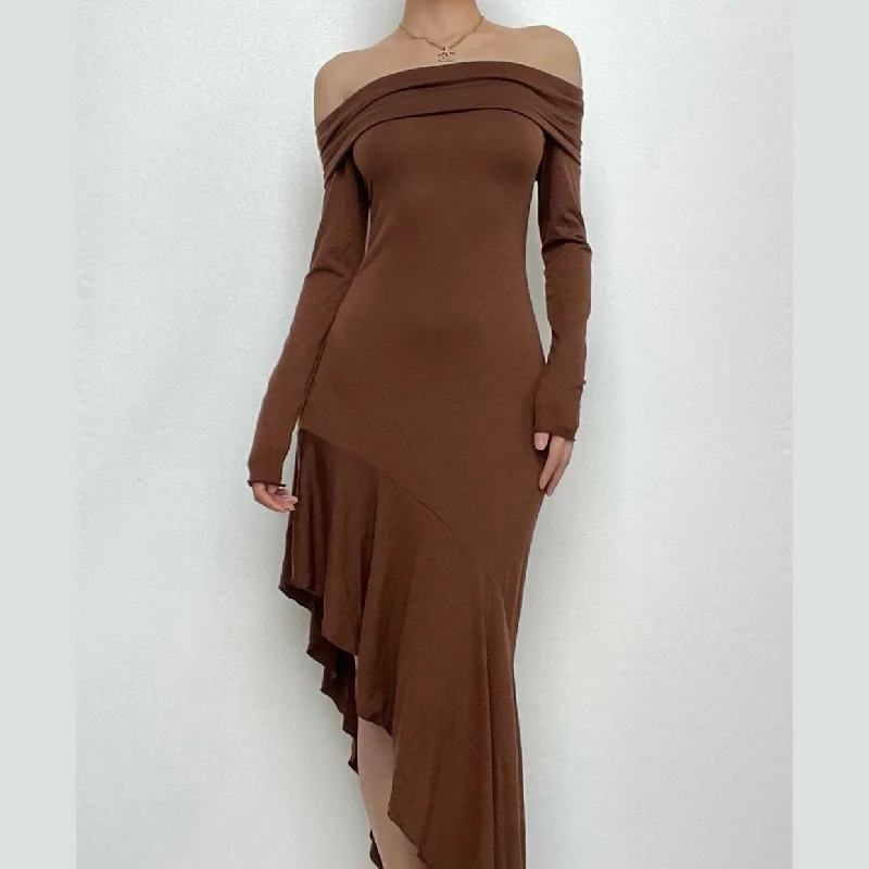 Ruffled cocktail dresses with a knee - length hem for a feminine appealBerryBetty - Irregular off shoulder long sleeve ruffle solid maxi dress Ruffled cocktail dresses with a knee - length hem for a feminine appealBerryBetty - Irregular off shoulder long sleeve ruffle solid maxi dress