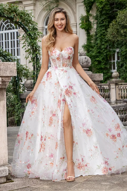 Cocktail dresses with a patchwork pattern and a mid - thigh lengthIvory Flower A Line Sweetheart Embroidered Corset Long Prom Dress with Slit Cocktail dresses with a patchwork pattern and a mid - thigh lengthIvory Flower A Line Sweetheart Embroidered Corset Long Prom Dress with Slit