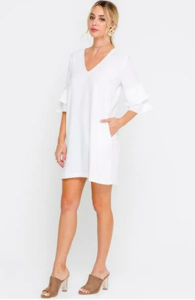 Jaqueline White Ruffle Sleeve Shift Dress