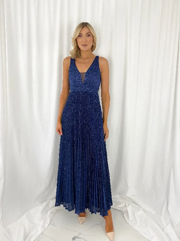 Joely Pleated Maxi Glitter Dress - Navy