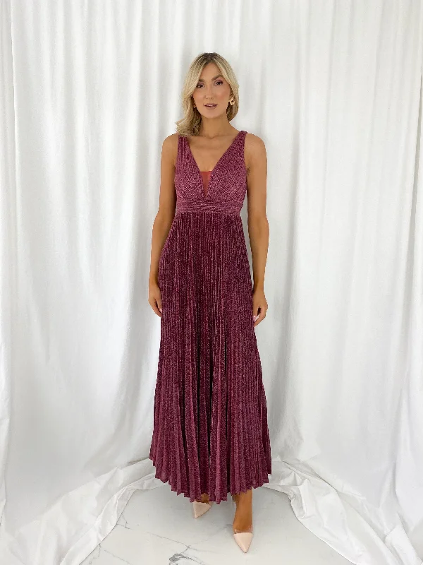 Joely Pleated Maxi Glitter Dress - Wine