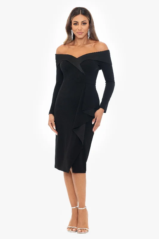 "Kelsey" Short Scuba Crepe Off the Shoulder Long Sleeve Dress