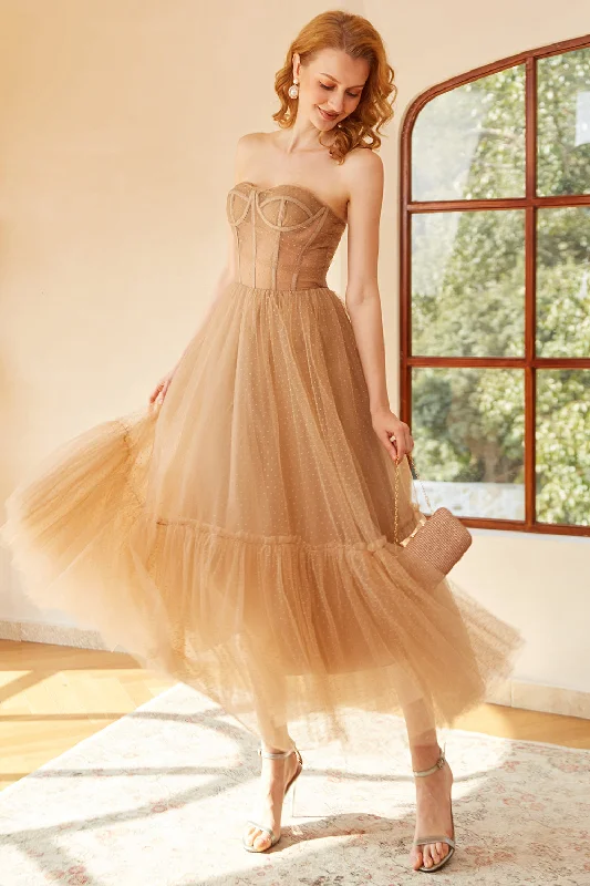 Satin cocktail dresses with a high - low hem for a modern touchKhaki Polka Dots Corset Prom Dress Satin cocktail dresses with a high - low hem for a modern touchKhaki Polka Dots Corset Prom Dress