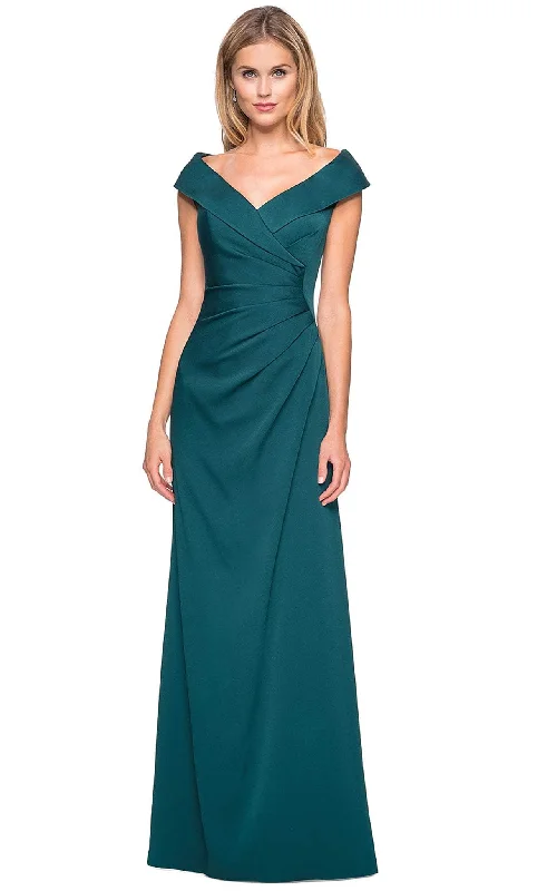 Tea - length wedding guest dresses with polka dot patternsLa Femme - 26523 Wide V Neck Fold over Sleeves Long Gown Tea - length wedding guest dresses with polka dot patternsLa Femme - 26523 Wide V Neck Fold over Sleeves Long Gown