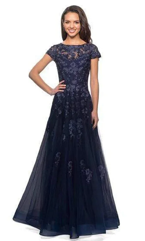 Wedding guest dresses with cold - shoulder ruffled sleeves and knee - length hemsLa Femme - 26907 Lace Applique Bateau A-line Dress Wedding guest dresses with cold - shoulder ruffled sleeves and knee - length hemsLa Femme - 26907 Lace Applique Bateau A-line Dress