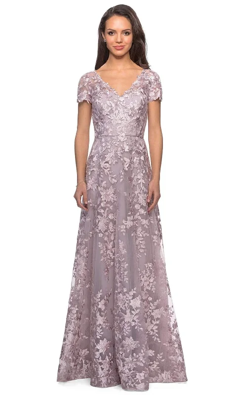 One - shoulder wedding guest dresses with beaded detailsLa Femme - 27870 Short Sleeve Lace Overlaid A-Line Dress