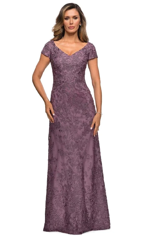 Wrap - style wedding guest dresses with bow accentsLa Femme - 27915 Short Sleeve Floral Embroidered Dress Wrap - style wedding guest dresses with bow accentsLa Femme - 27915 Short Sleeve Floral Embroidered Dress