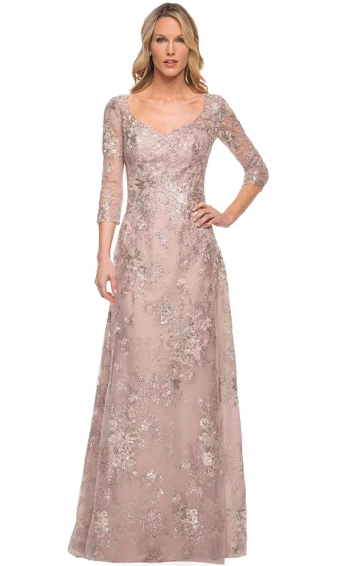 Wedding guest dresses with tiered skirts for a feminine lookLa Femme 30054 - Embroidered V-Neckline A-Line Dress Wedding guest dresses with tiered skirts for a feminine lookLa Femme 30054 - Embroidered V-Neckline A-Line Dress