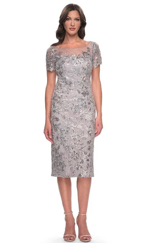 Wedding guest dresses with ruched bodices and spaghetti strapsLa Femme 30854 - Short Sleeve Embroidered Knee-Length Dress Wedding guest dresses with ruched bodices and spaghetti strapsLa Femme 30854 - Short Sleeve Embroidered Knee-Length Dress