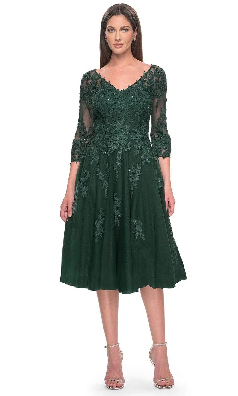 Sheer wedding guest dresses with lace inserts and long sleevesLa Femme 30964 - Embroidered A-line Knee-Length Dress Sheer wedding guest dresses with lace inserts and long sleevesLa Femme 30964 - Embroidered A-line Knee-Length Dress