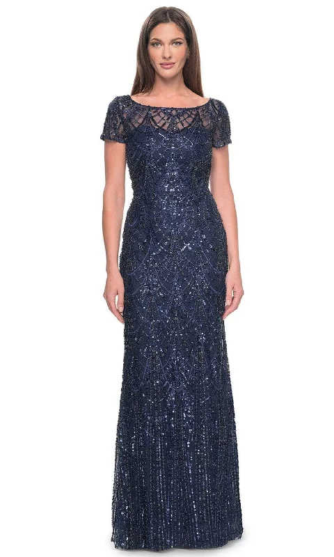 Bow - backed wedding guest dresses in silk for a luxurious feelLa Femme 31709 - Bateau Neck Beaded Evening Dress Bow - backed wedding guest dresses in silk for a luxurious feelLa Femme 31709 - Bateau Neck Beaded Evening Dress