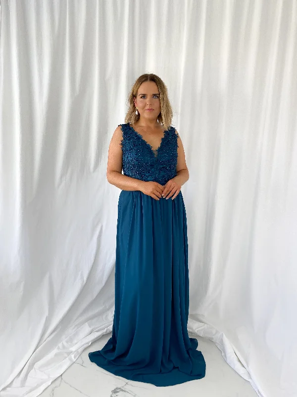 Laetitia Maxi Dress with Embroidered Top - Petrol Blue