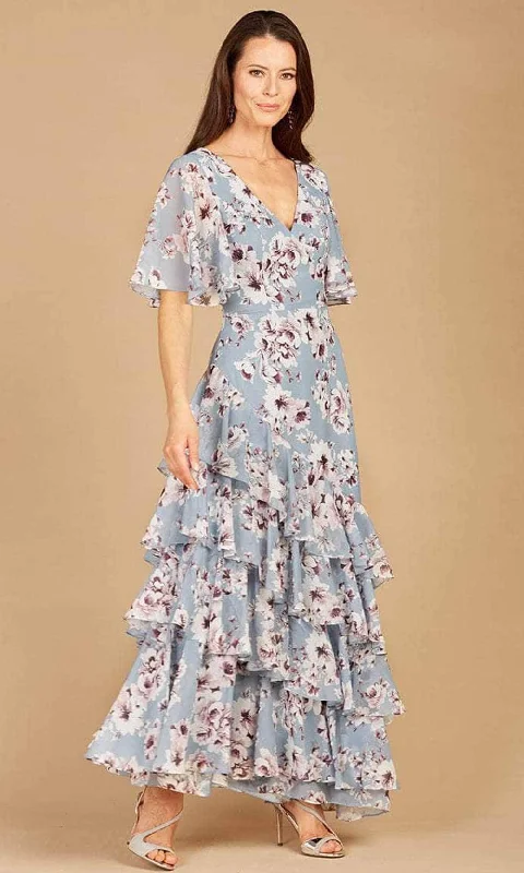 Ruffled - sleeve wedding guest dresses in light blue for a spring weddingLara Dresses 29246 - V-Neck Ruffled Printed Long Dress Ruffled - sleeve wedding guest dresses in light blue for a spring weddingLara Dresses 29246 - V-Neck Ruffled Printed Long Dress