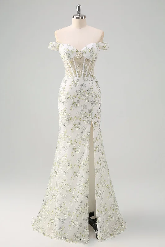 Ruffled cocktail dresses with a knee - length hem for a feminine appealLight Green Mermaid Off the Shoulder Corset Long Prom Dress with Embroidery Ruffled cocktail dresses with a knee - length hem for a feminine appealLight Green Mermaid Off the Shoulder Corset Long Prom Dress with Embroidery