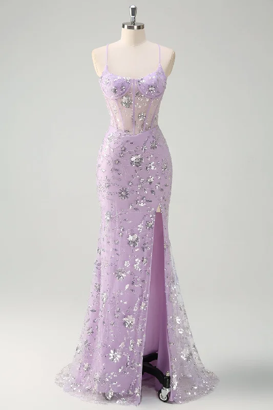 Satin cocktail dresses with a high - low hem for a modern touchLilac Spaghetti Straps Mermaid Corset Sequin Prom Dress Satin cocktail dresses with a high - low hem for a modern touchLilac Spaghetti Straps Mermaid Corset Sequin Prom Dress