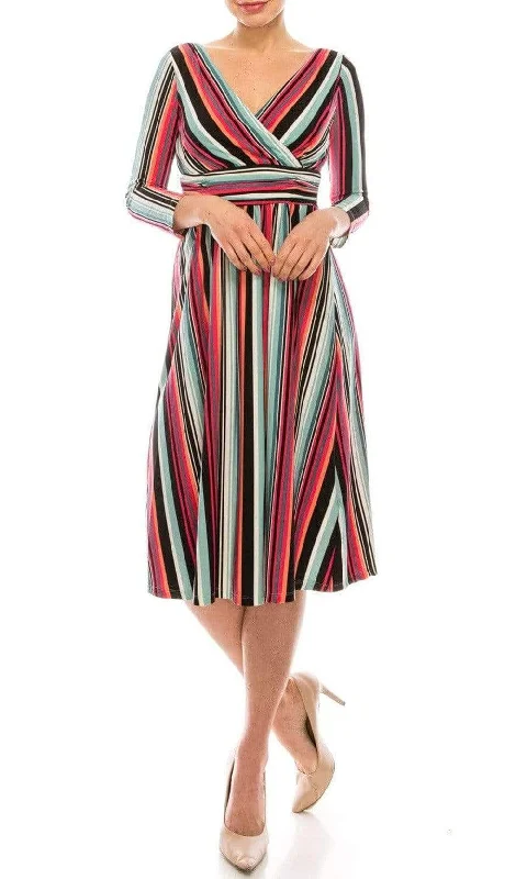 Mini cocktail dresses with a tiered ruffled skirt and a scoop neckLondon Times - T4898M Stripes V Neck A-Line Dress Mini cocktail dresses with a tiered ruffled skirt and a scoop neckLondon Times - T4898M Stripes V Neck A-Line Dress
