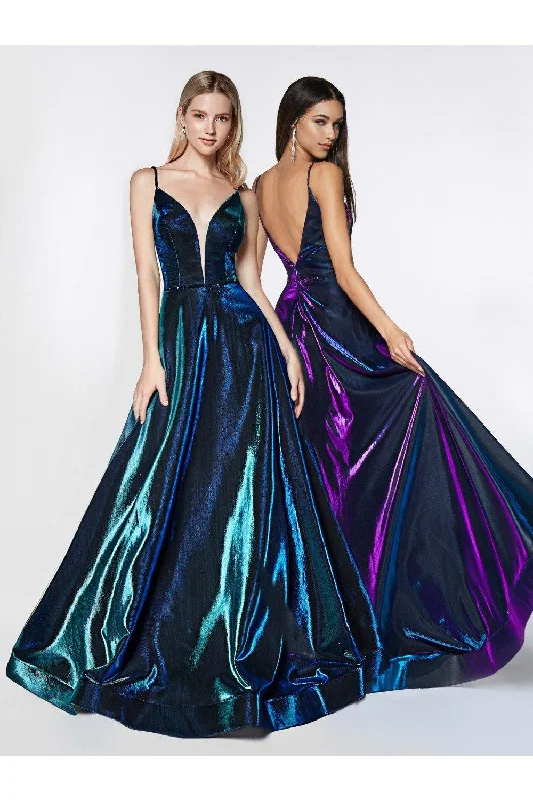 Bodycon dress with a button - down front​Cinderella Divine CJ506 Long Metallic Prom Dress