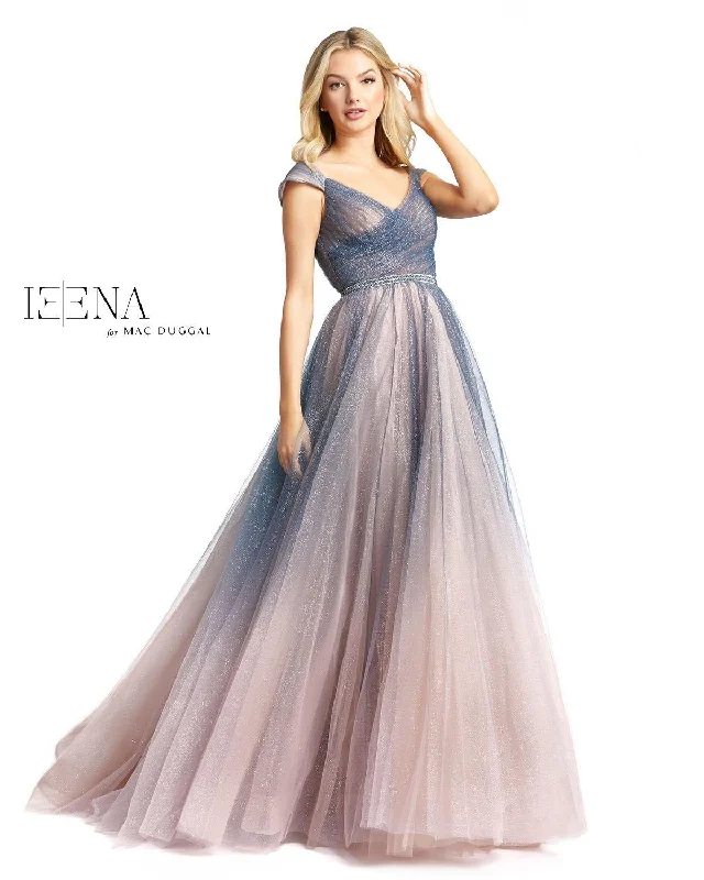 Ruffled - sleeve wedding guest dresses in light blue for a spring weddingMac Duggal Long Formal Evening Cap Sleeve Ombre Gown
