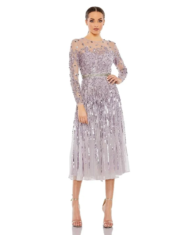 Cocktail dresses with a mesh panel and a high - neck designMac Duggal 93633 Long Sleeve Tea Length Dress Cocktail dresses with a mesh panel and a high - neck designMac Duggal 93633 Long Sleeve Tea Length Dress